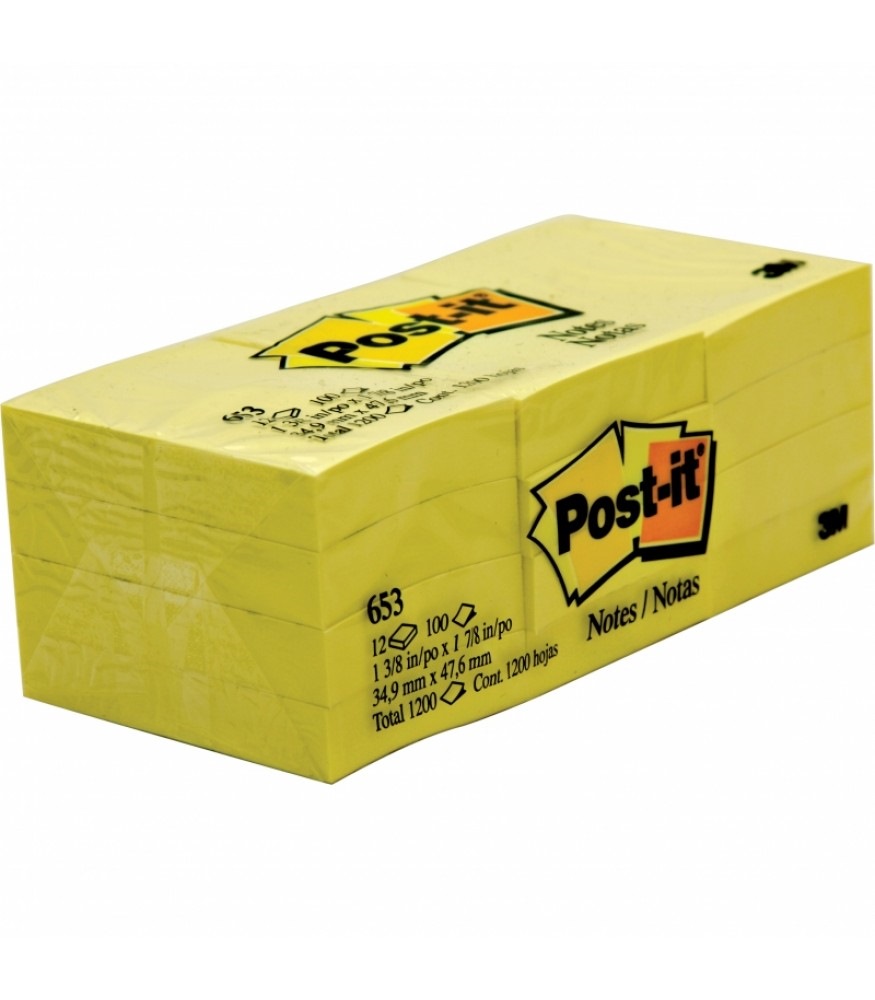 3m™ Post-it Notes (Small) 653, Yellow 1.5" X 2", 12 Pads/pack, 100 Sheets/pad