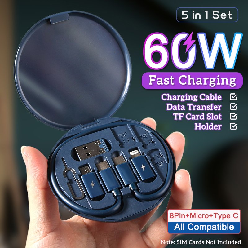 REMAX 5 in 1 60w Fast Charging Cables Type-C Mobile Phone Data Cable USB Charger Set Storage Box