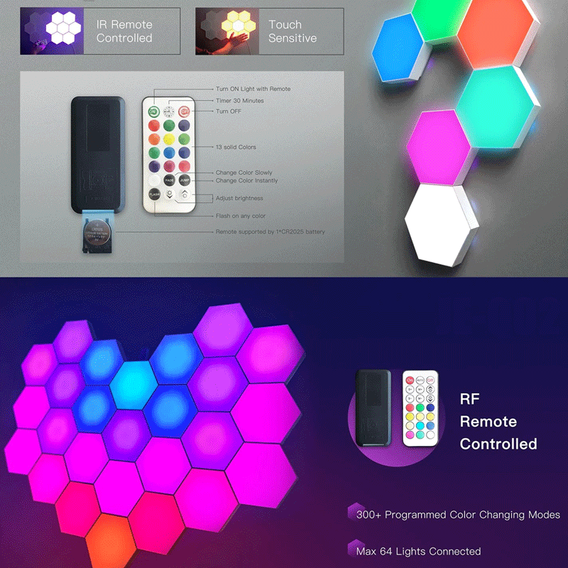 Colorful Hexagon Touch & Remote Control Led Lights 6pcs - Multi color