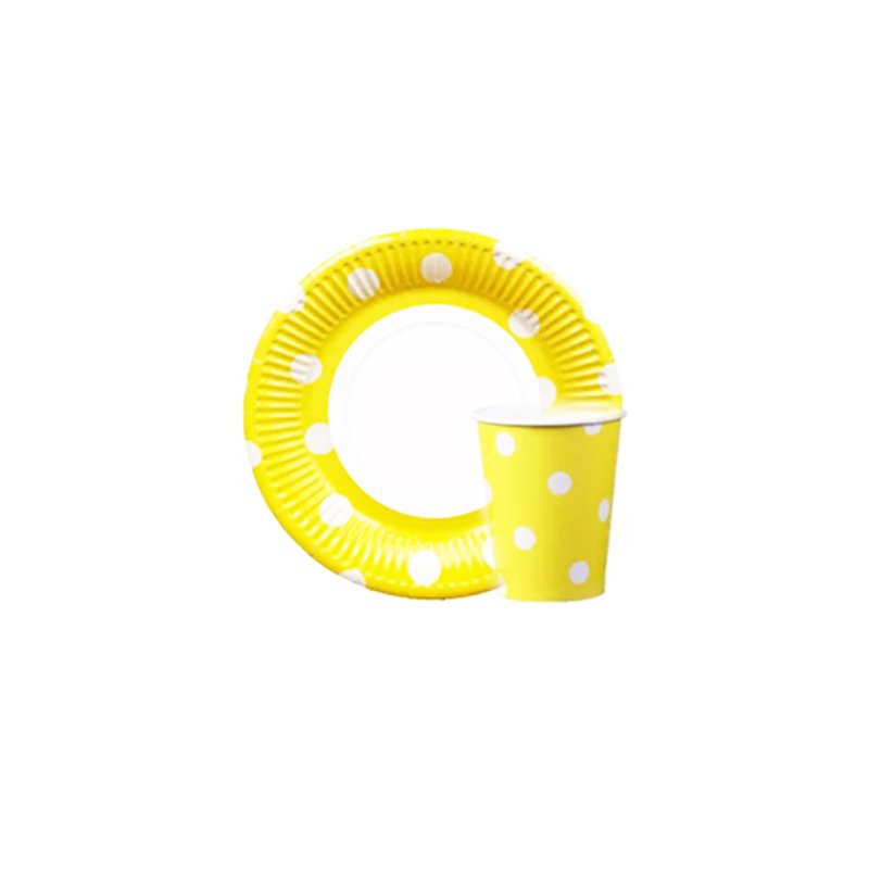 Dotted Paper Plates With Cups - Yellow