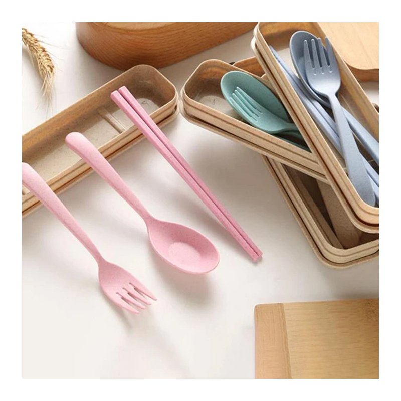 3pcs Portable Eco-Friendly Cutlery Set with Box Plastic Chopsticks Spoon Fork
